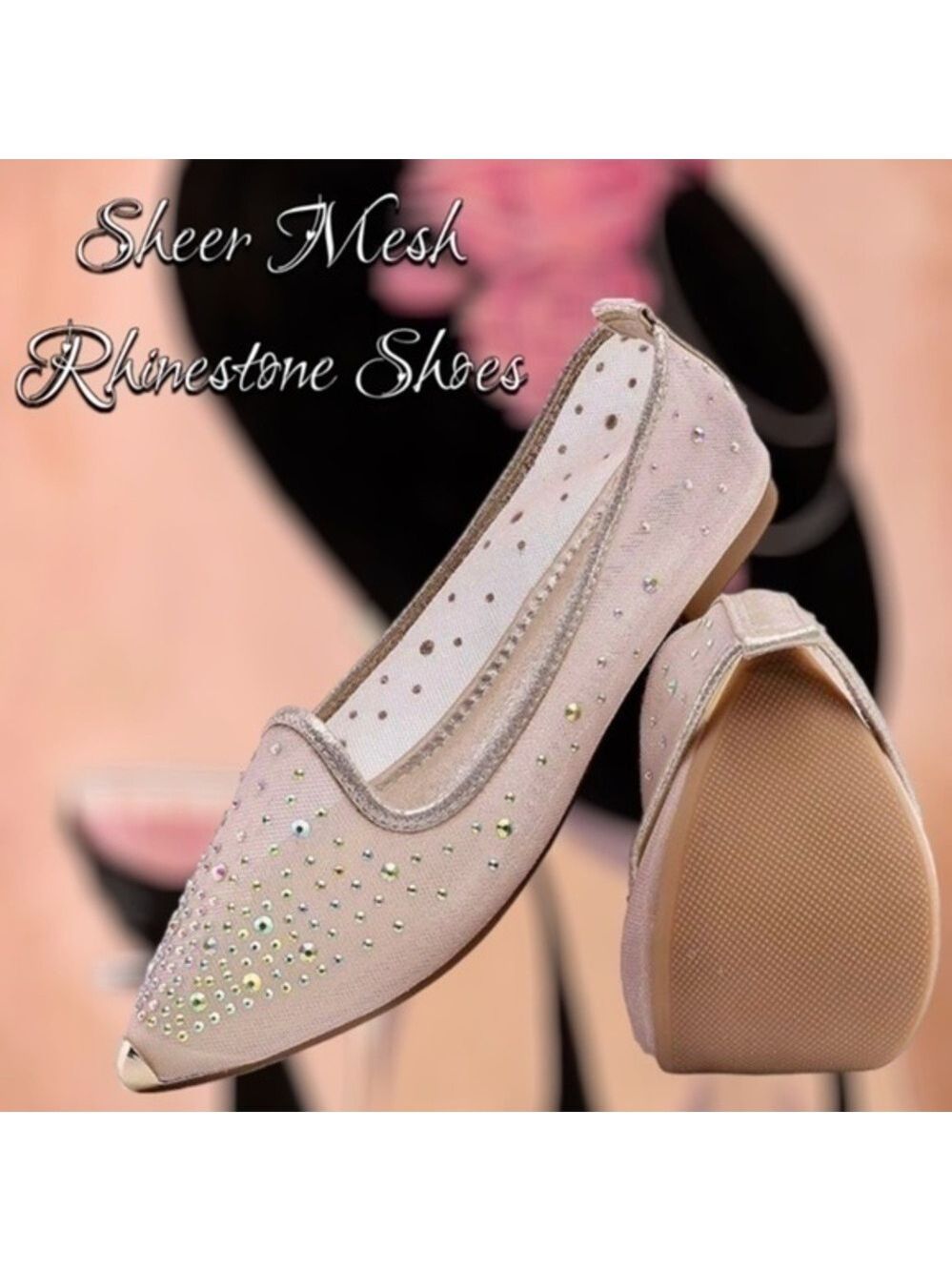 Pointed Toe Metal-Tipped Nude-Pink-Mesh Rhinestone Covered Ballet Shoes 9.5M